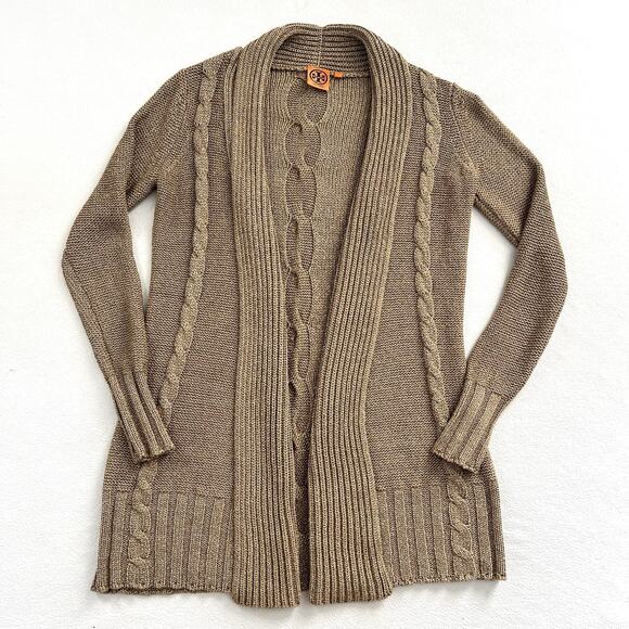 Tory Burch Gold Metallic Cable Knit Chunky Open Front Long Sleeve Cardigan S - Picture 1 of 11